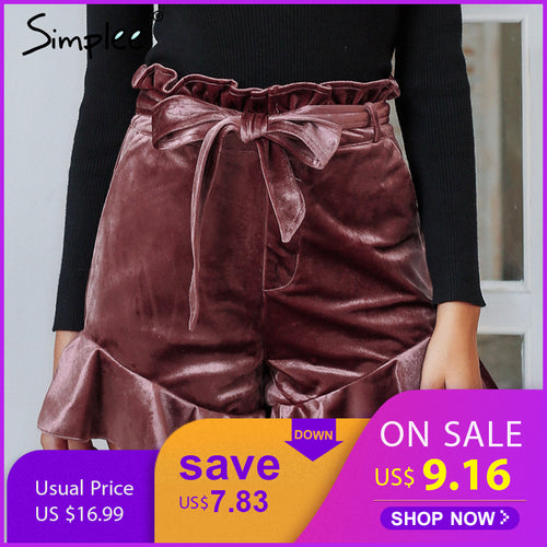 Simplee Bow lace up sash velvet women shorts Ruffles hem elastic high waist shorts 2018 autumn winter short bottom vintage
