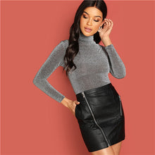 Load image into Gallery viewer, SHEIN Grey Highstreet Stand Collar Glitter Tee Modern Lady Long Sleeve Slim Fit T Shirt Autumn Casual Workwear Women Tshirts Top