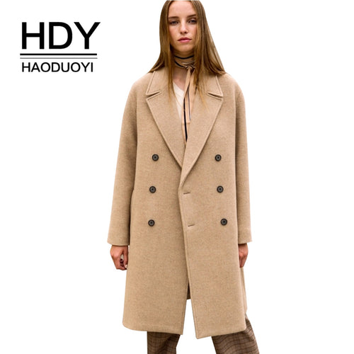 HDY haoduoyi Simple Temperament Commuter Basic Outcoats Flip Collar Double-breasted Camel Long Coat