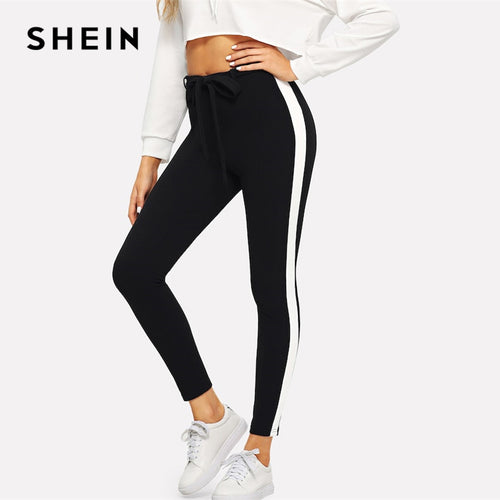 SHEIN Black Waist Knot Contrast Side Seam Elastic Waist Knot Pants 2019 Casual Spring Women Mid Waist Tapered/Carrot Pants