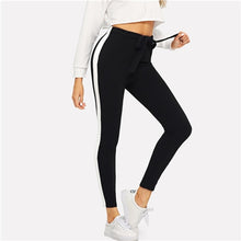 Load image into Gallery viewer, SHEIN Black Waist Knot Contrast Side Seam Elastic Waist Knot Pants 2019 Casual Spring Women Mid Waist Tapered/Carrot Pants