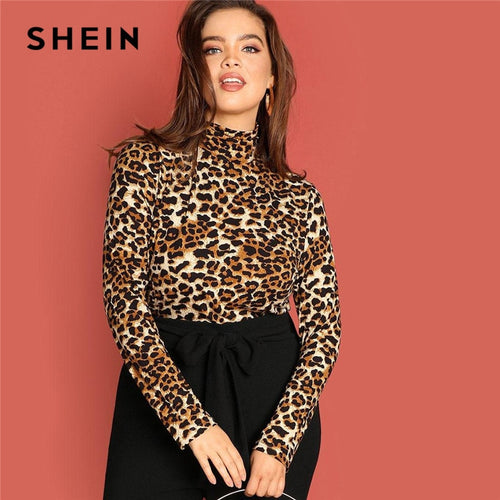 SHEIN Leopard Print Stand Collar High Street  Plus Size Women Long Sleeve Tops Tee 2019 Spring Casual Slim Fit T Shirt
