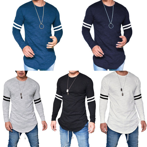 MEN LONG SLEEVE THIN TOPS ROUND NECK CASUAL T-SHIRT IRREGULAR BLOUSE SIZES S-3XL