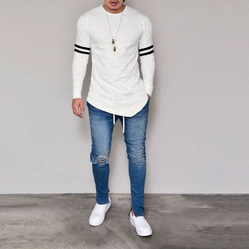 MEN LONG SLEEVE THIN TOPS ROUND NECK CASUAL T-SHIRT IRREGULAR BLOUSE SIZES S-3XL