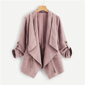 SHEIN Pink Pocket Front Drawstring Pleated Buttoned Sleeve Open Stitch Solid Trench Coat Casual Spring Women Coats Outerwear