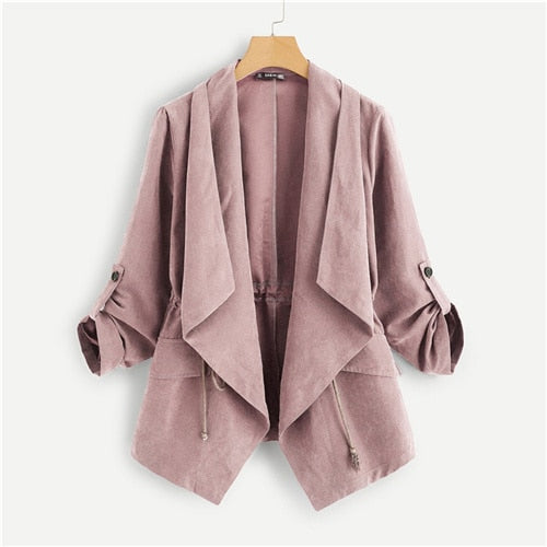 SHEIN Pink Pocket Front Drawstring Pleated Buttoned Sleeve Open Stitch Solid Trench Coat Casual Spring Women Coats Outerwear