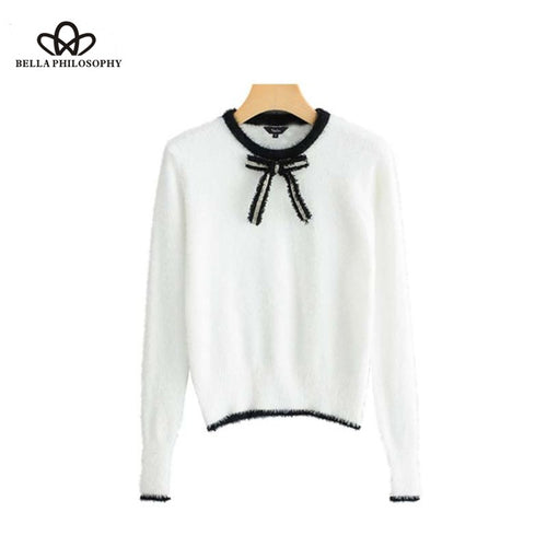 Bella Philosophy white short knitted sweater beading bow tie long sleeve preppy style stretchy pullovers casual cute tops