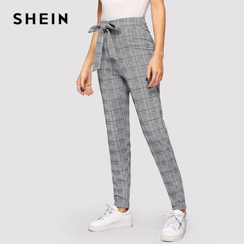 SHEIN Knot Waist Glen Plaid Cigarette Straight Leg Pants Women Elegant OL Work 2019 Spring Minimalist Workwear Trousers