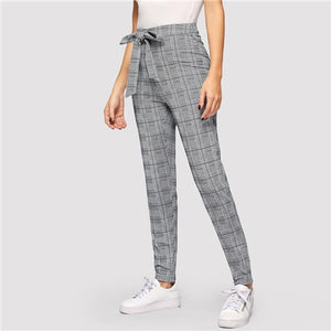 SHEIN Knot Waist Glen Plaid Cigarette Straight Leg Pants Women Elegant OL Work 2019 Spring Minimalist Workwear Trousers