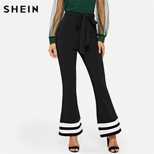 SHEIN Striped Office Lady Drawstring Waist Black Elegant Pants 2019 New Spring Women Workwear Trousers Flared Hem Pants