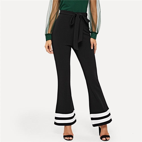 SHEIN Striped Office Lady Drawstring Waist Black Elegant Pants 2019 New Spring Women Workwear Trousers Flared Hem Pants