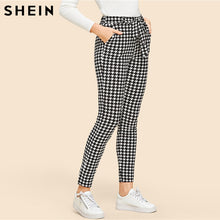 Load image into Gallery viewer, SHEIN Drawstring Waist Houndstooth Pants Mid Waist Straight Leg Pants 2019 Autumn Casual Women Trousers