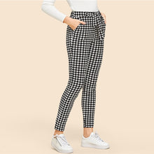 Load image into Gallery viewer, SHEIN Drawstring Waist Houndstooth Pants Mid Waist Straight Leg Pants 2019 Autumn Casual Women Trousers