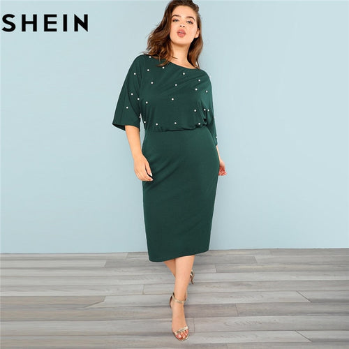 SHEIN Green Elegant Women Plus Size Pearl Beaded Bodycon Dresses Slim Fit High Waist Spilt Hem Solid Pencil Dress