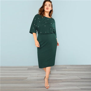 SHEIN Green Elegant Women Plus Size Pearl Beaded Bodycon Dresses Slim Fit High Waist Spilt Hem Solid Pencil Dress