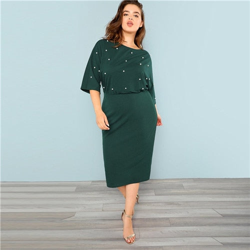 SHEIN Green Elegant Women Plus Size Pearl Beaded Bodycon Dresses Slim Fit High Waist Spilt Hem Solid Pencil Dress