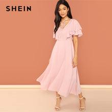 Load image into Gallery viewer, SHEIN Pink Party Tiered Layer Tie Neck Flutter Sleeve Ruffle Zipper Solid Dress Autumn Weekend Casual Women Shift Solid Dresses