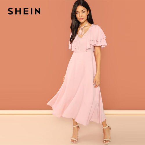 SHEIN Pink Party Tiered Layer Tie Neck Flutter Sleeve Ruffle Zipper Solid Dress Autumn Weekend Casual Women Shift Solid Dresses