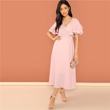 Load image into Gallery viewer, SHEIN Pink Party Tiered Layer Tie Neck Flutter Sleeve Ruffle Zipper Solid Dress Autumn Weekend Casual Women Shift Solid Dresses
