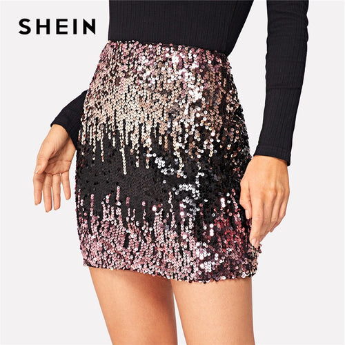 SHEIN Sexy Color Block Sequin Zipper Bodycon Mini Skirt Casual Mid Waist Women Skirts 2019 Summer Night Out Party Slim Skirt