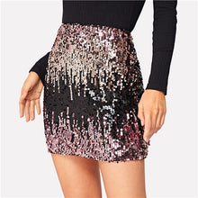 Load image into Gallery viewer, SHEIN Sexy Color Block Sequin Zipper Bodycon Mini Skirt Casual Mid Waist Women Skirts 2019 Summer Night Out Party Slim Skirt