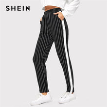 Load image into Gallery viewer, SHEIN Black Slant Pocket Mid Waist Striped Pencil Pants Women Minimalist Pants 2019 Spring Casual Workwear Carrot Pants Trousers