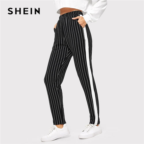 SHEIN Black Slant Pocket Mid Waist Striped Pencil Pants Women Minimalist Pants 2019 Spring Casual Workwear Carrot Pants Trousers