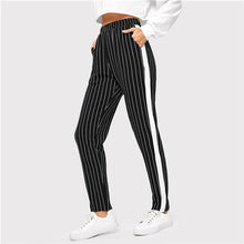 Load image into Gallery viewer, SHEIN Black Slant Pocket Mid Waist Striped Pencil Pants Women Minimalist Pants 2019 Spring Casual Workwear Carrot Pants Trousers