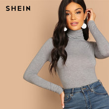 Load image into Gallery viewer, SHEIN Grey Elegant Turtleneck High Neck Stretchy Slim Fit Plain T-shirt 2018 Autumn Casual Workwear Women Tops And T shirt