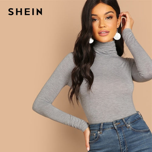 SHEIN Grey Elegant Turtleneck High Neck Stretchy Slim Fit Plain T-shirt 2018 Autumn Casual Workwear Women Tops And T shirt