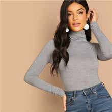 Load image into Gallery viewer, SHEIN Grey Elegant Turtleneck High Neck Stretchy Slim Fit Plain T-shirt 2018 Autumn Casual Workwear Women Tops And T shirt
