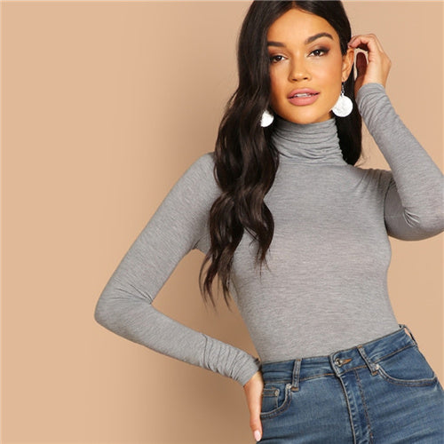 SHEIN Grey Elegant Turtleneck High Neck Stretchy Slim Fit Plain T-shirt 2018 Autumn Casual Workwear Women Tops And T shirt