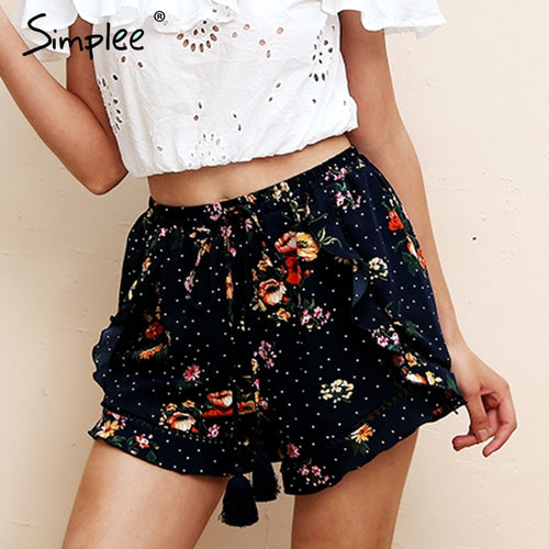 Simplee Ruffle tassel mini shorts women Floral print beach summer shorts female Streetwear elastic hight waist shorts 2018