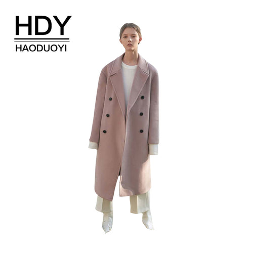 HDY haoduoyi Elegant Lady Bean Color Outerwears Double-breasted Large Profile Drop Shoulder Lapel Thickening Long Coat