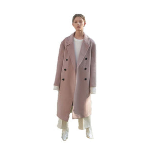 HDY haoduoyi Elegant Lady Bean Color Outerwears Double-breasted Large Profile Drop Shoulder Lapel Thickening Long Coat