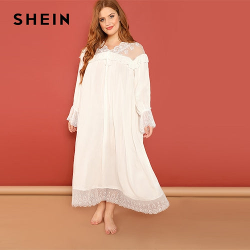 SHEIN White Plus Sheer Lace Trim V neck Long Sleeve Night Dress 2018 Autumn Casual Pullover Women Lace Nightwear Sleepwear