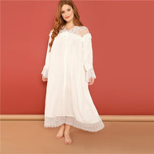 Load image into Gallery viewer, SHEIN White Plus Sheer Lace Trim V neck Long Sleeve Night Dress 2018 Autumn Casual Pullover Women Lace Nightwear Sleepwear
