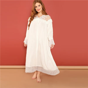 SHEIN White Plus Sheer Lace Trim V neck Long Sleeve Night Dress 2018 Autumn Casual Pullover Women Lace Nightwear Sleepwear
