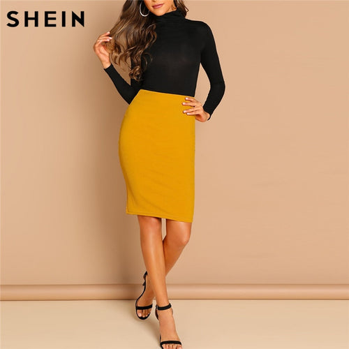 SHEIN Ginger Solid Bodycon Skirt Elegant Plain Mid Waist Pencil Skirt Office Lady Autumn Highstreet Workwear Minimalist Skirt