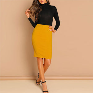 SHEIN Ginger Solid Bodycon Skirt Elegant Plain Mid Waist Pencil Skirt Office Lady Autumn Highstreet Workwear Minimalist Skirt