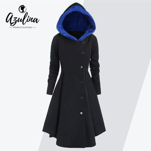 AZULINA Winter Coat Women Plus Size Hooded Color Block Asymmetric Fleece Skirted Coat Single Breasted Outerwear Ladies Tops 2019