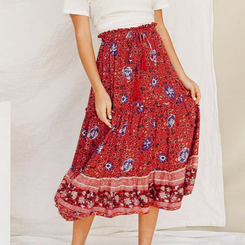 Conmoto Ruffles Tassel Floral Women Skirts High Waist Casual Midi Skirt Loose Waist Bohemian Skirts 2019