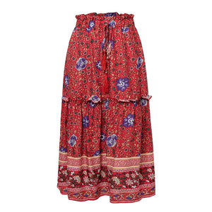 Conmoto Ruffles Tassel Floral Women Skirts High Waist Casual Midi Skirt Loose Waist Bohemian Skirts 2019