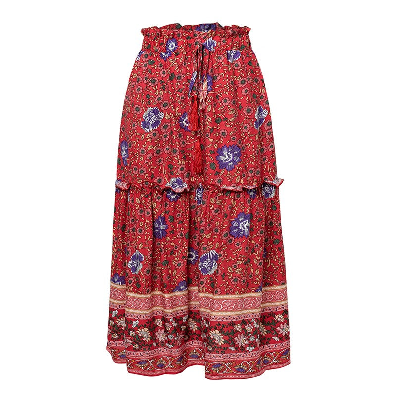 Conmoto Ruffles Tassel Floral Women Skirts High Waist Casual Midi Skirt Loose Waist Bohemian Skirts 2019