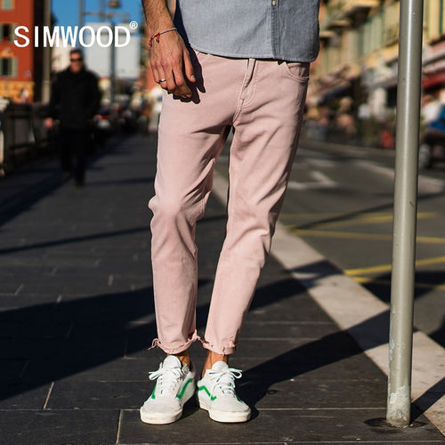 SIMWOOD 2019 Spring Summer New Jeans Men Casual Slim Fit Ankle-Length Denim Pants Unfinished Hem Jeans Plus Size 180077
