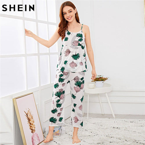 SHEIN Leaf Print Cami Top&Pants PJ Set Women Sexy Sleeveless Spaghetti Strap 2019 Summer Sleepwear Women Nightwear Suits