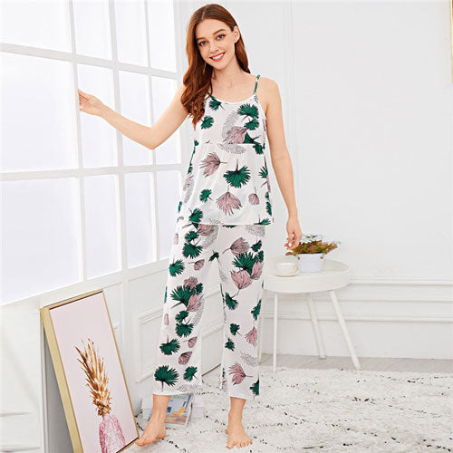 SHEIN Leaf Print Cami Top&Pants PJ Set Women Sexy Sleeveless Spaghetti Strap 2019 Summer Sleepwear Women Nightwear Suits