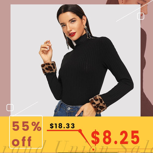 SHEIN Black Elegant Leopard Print Fur Cuff Slim Fitted High Neck Long Sleeve Workwear Tee Autumn Casual Women Tshirt And Top