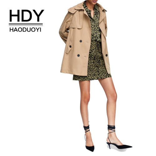 HDY haoduoyi Simple Lapel Coat Asymmetric Hem Side Slit Detachable Hooded Double-breasted Short Windbreake