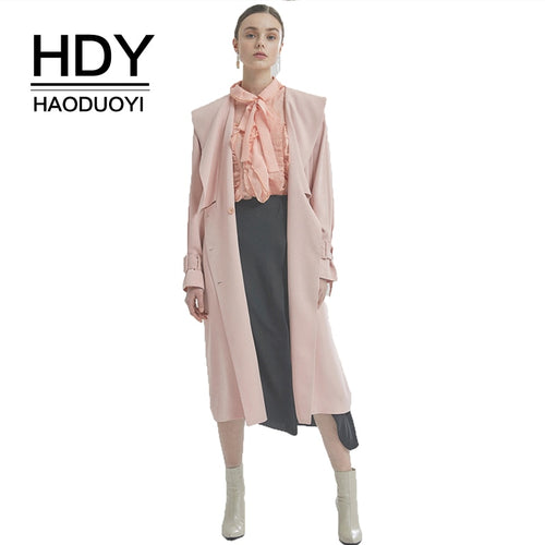 HDY haoduoyi Elegant Shawl Collar Double-breasted Belt Ladies Coat Long Solid Color Rear Slit Windbreaker